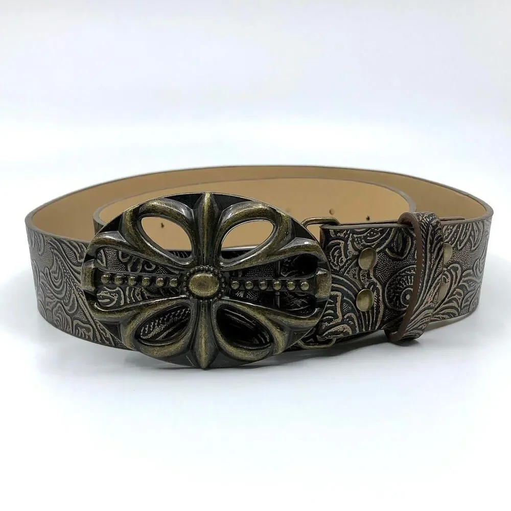 Women’s Brown Faux Leather Belt w/ Antique Gold Buckle, 28-36.5 Inches, X7G9A747